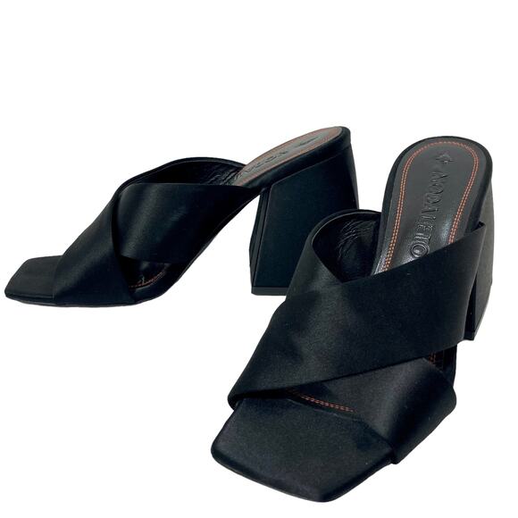 Nodaleto Bulla Banks Block Heel Sandals, EU size 38  black satin Italian shoe - Picture 1 of 13